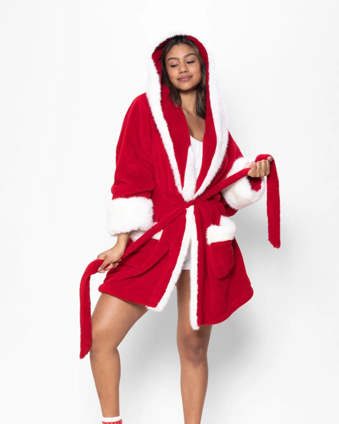 Hooded Women's Luxury Red Robe | Christmas Kitten