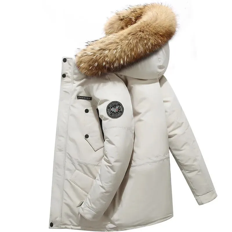 Ilooove - New Men's Thickened White Duck Down Coat Mid-length Winter Outerwear with Detachable Fur Collar for Fashionable Look