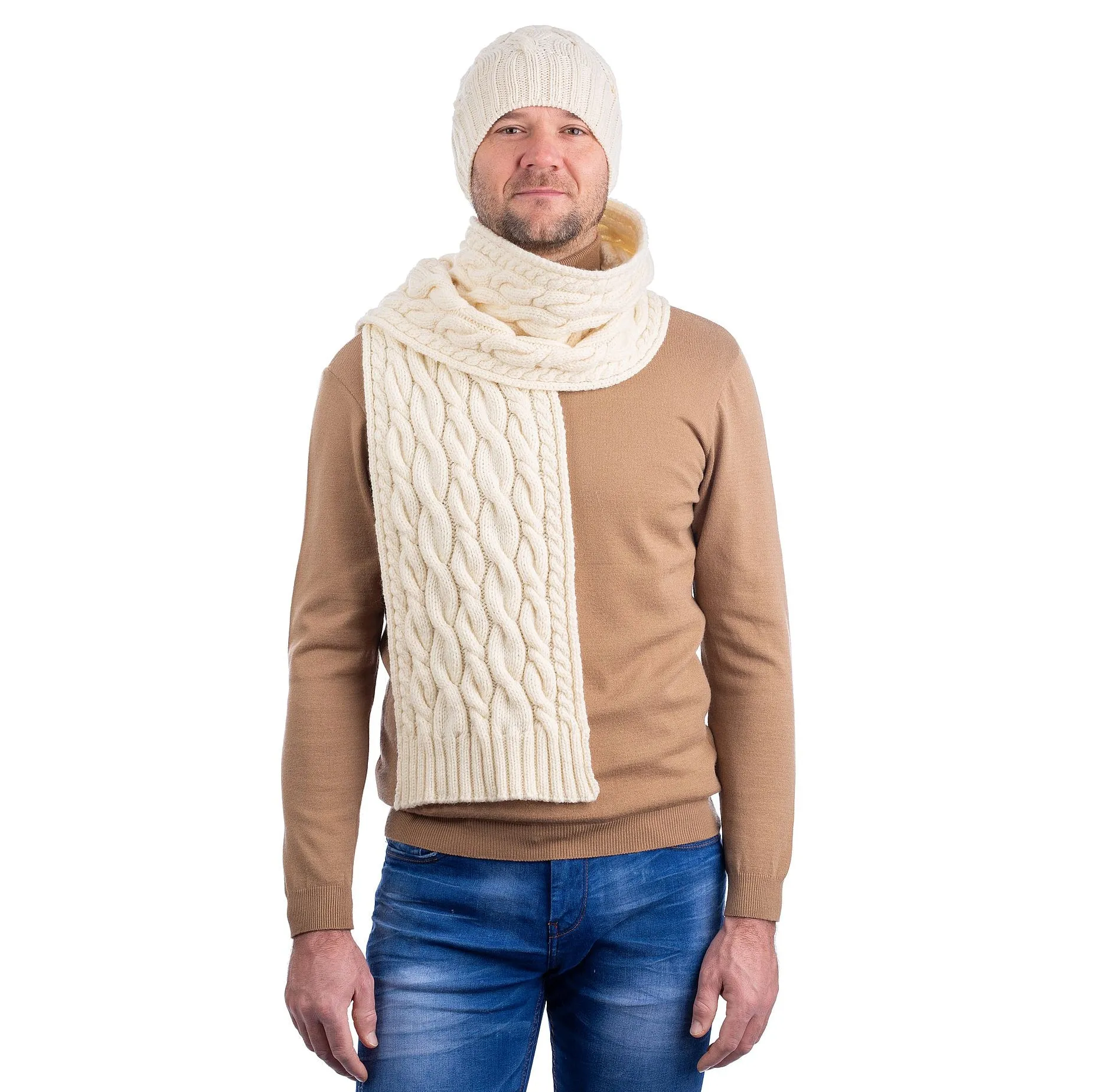 Irish Wool Cable Knit Aran Scarf for Men