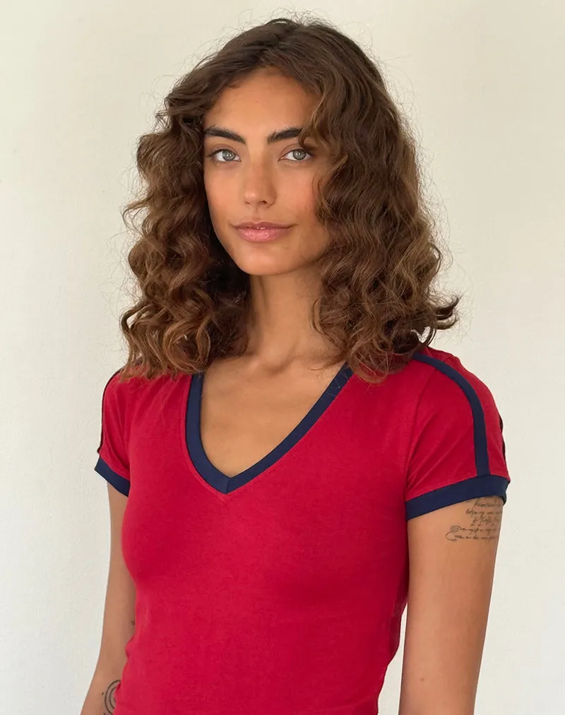 Izolde Baby Tee in Adrenalin Red with Navy Binding and M Embroidery