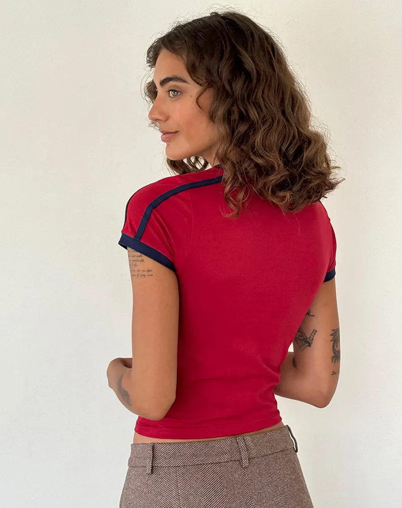 Izolde Baby Tee in Adrenalin Red with Navy Binding and M Embroidery