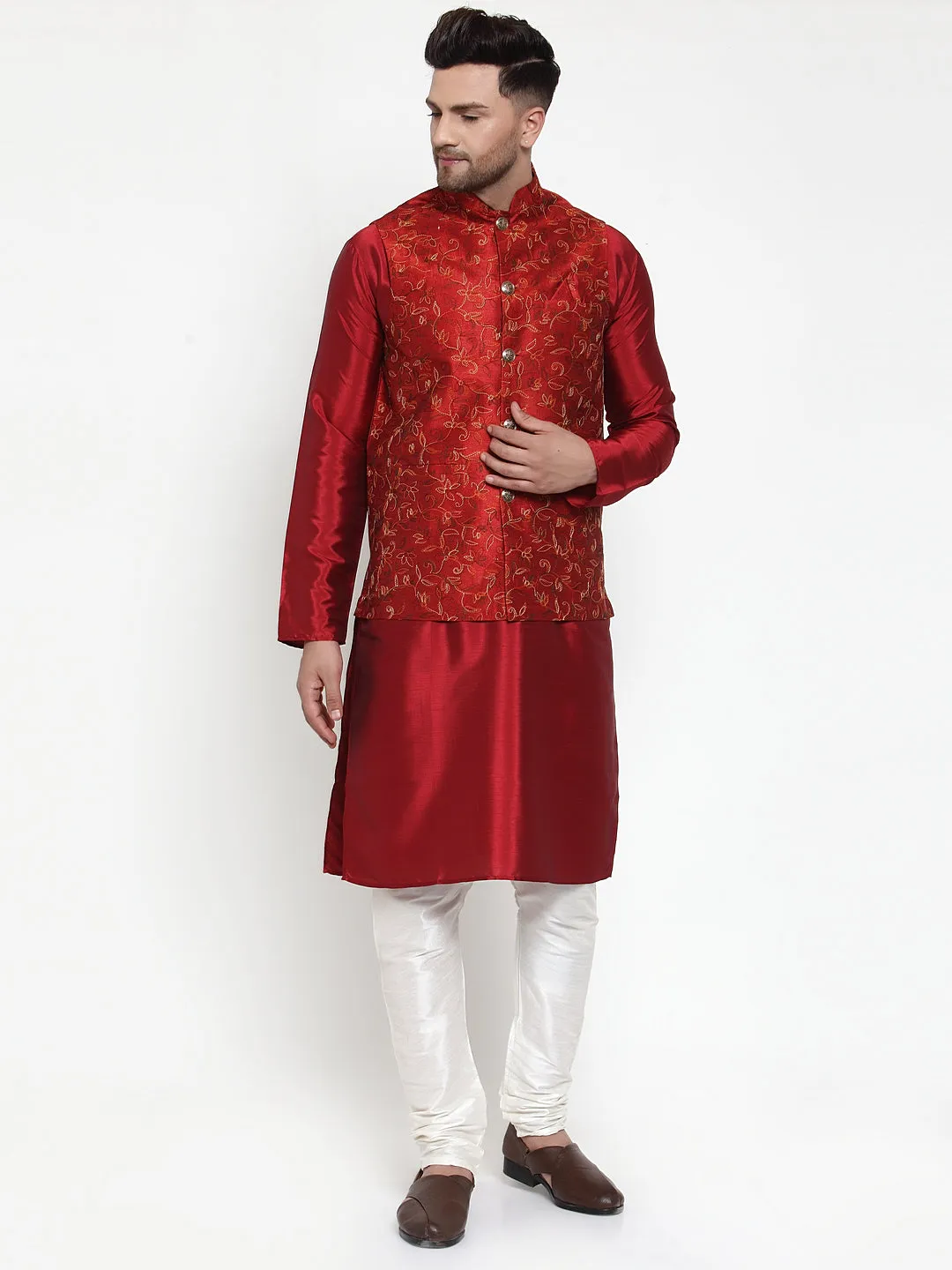 Jashvi Men's Maroon Embroidered Nehru Jacket