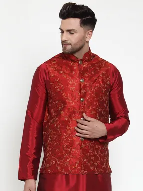 Jashvi Men's Maroon Embroidered Nehru Jacket