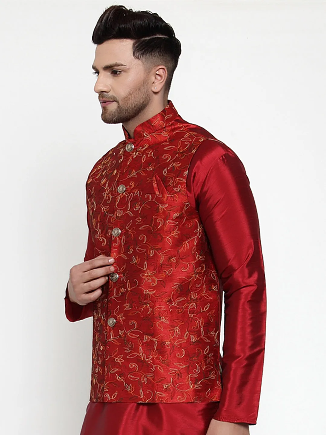 Jashvi Men's Maroon Embroidered Nehru Jacket