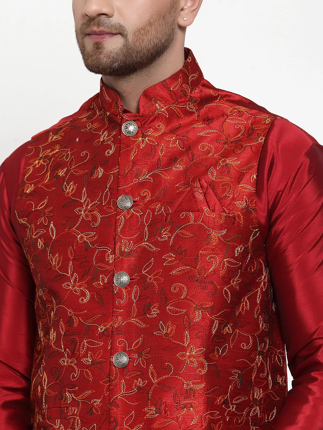 Jashvi Men's Maroon Embroidered Nehru Jacket