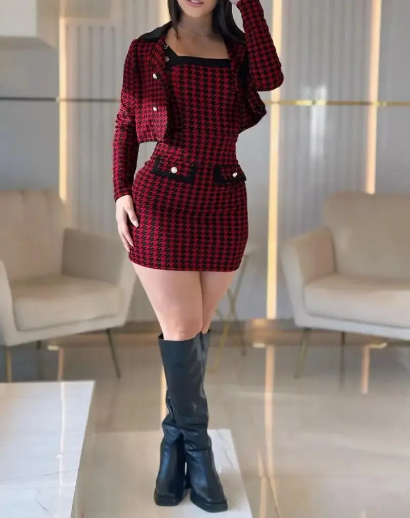 Joskaa College Style Elegant 2-Piece Sets for Women Red Houndstooth Printed Tight Fitting Dress Button Short Jacket Short Skirt Sets