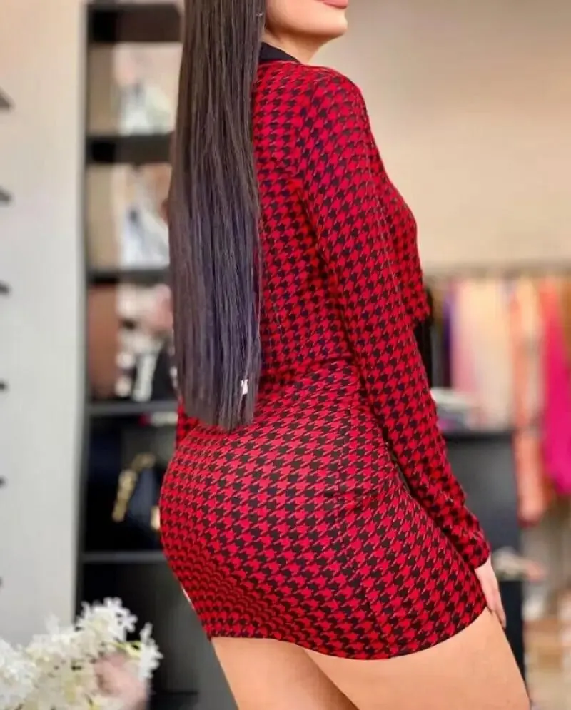 Joskaa College Style Elegant 2-Piece Sets for Women Red Houndstooth Printed Tight Fitting Dress Button Short Jacket Short Skirt Sets