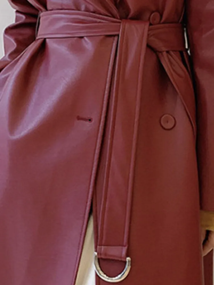 LAUTARO Luxury Faux Leather Trench Coat