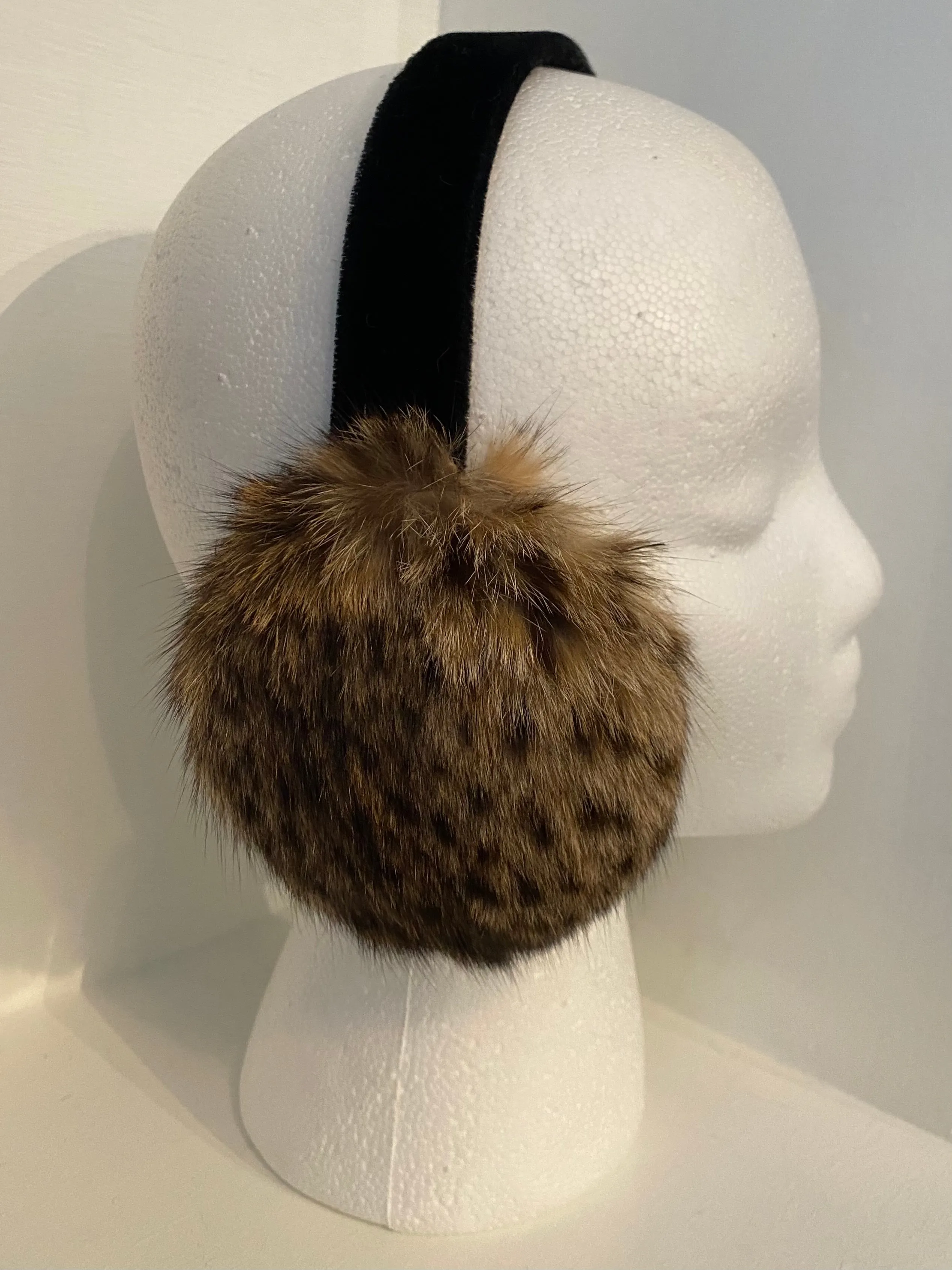 Leopard Print Mink Earmuffs with Black Velvet Band