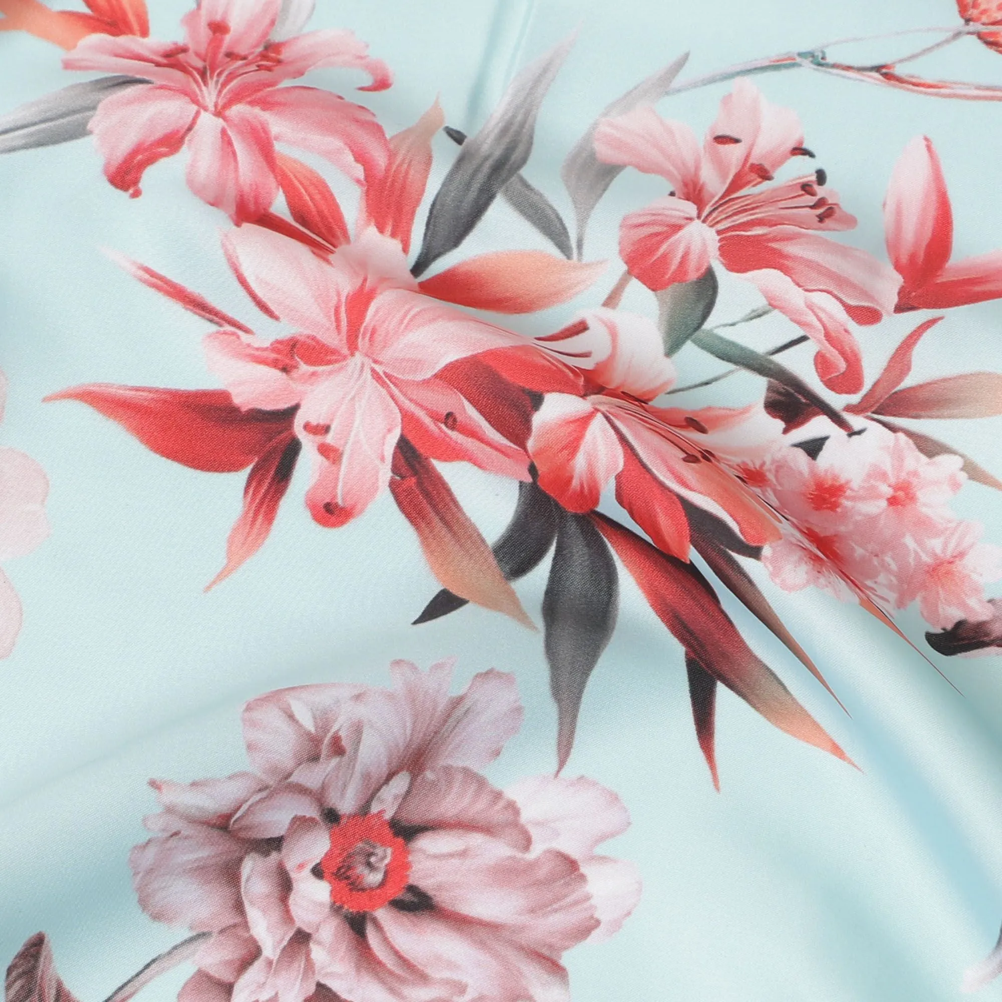 Light Blue Floral Synthetic Modal Satin Fabric - Elegant Blossom Print, 110cm - Shop Online-D17971