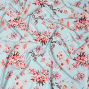 Light Blue Floral Synthetic Modal Satin Fabric - Elegant Blossom Print, 110cm - Shop Online-D17971