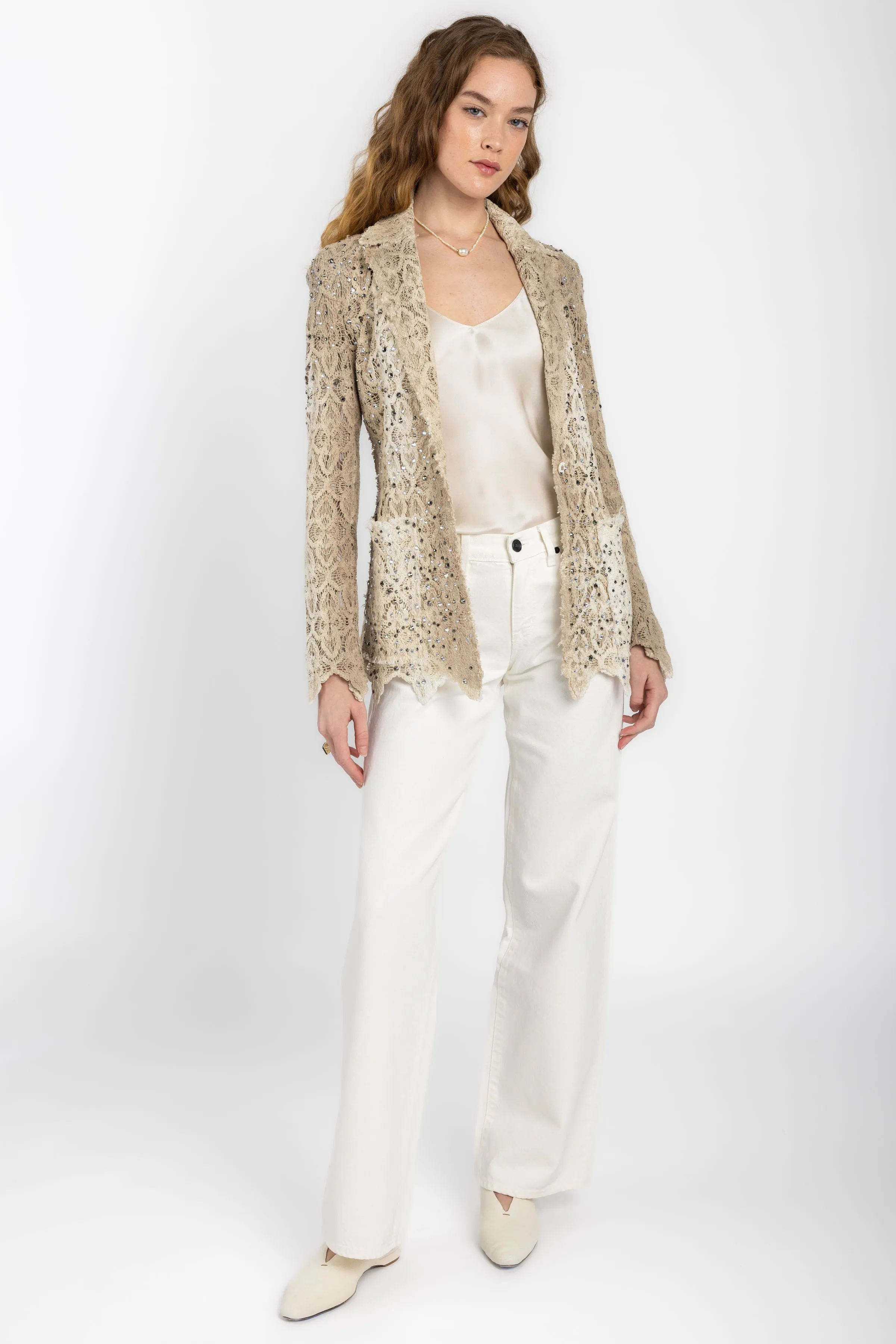 Macramé Lace Blazer Jacket with Strass in Zenzero