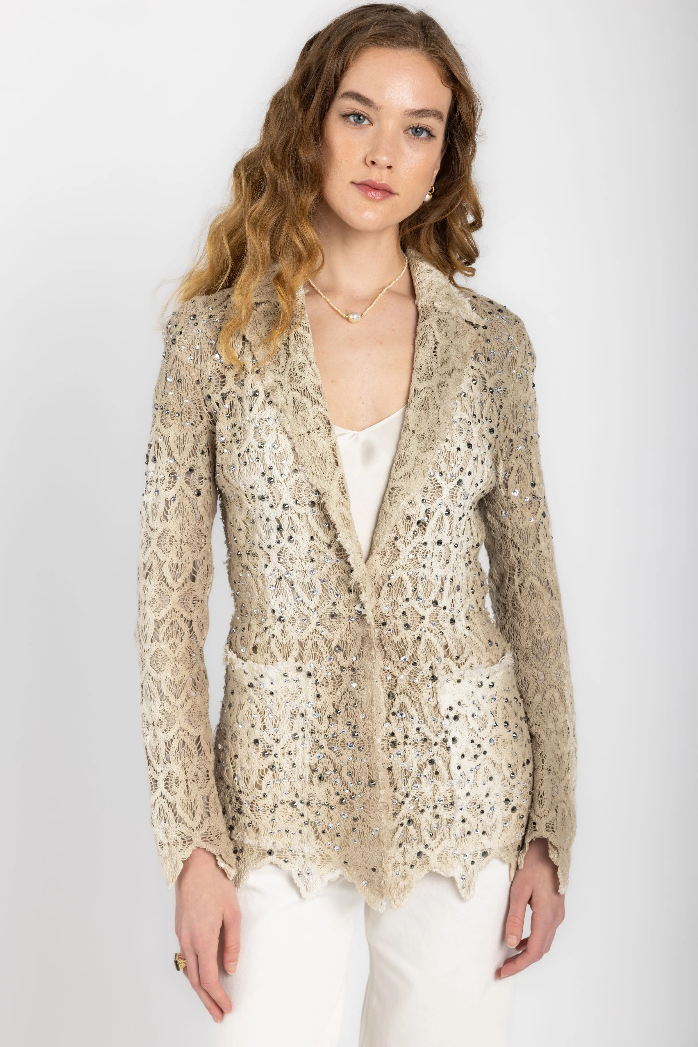 Macramé Lace Blazer Jacket with Strass in Zenzero