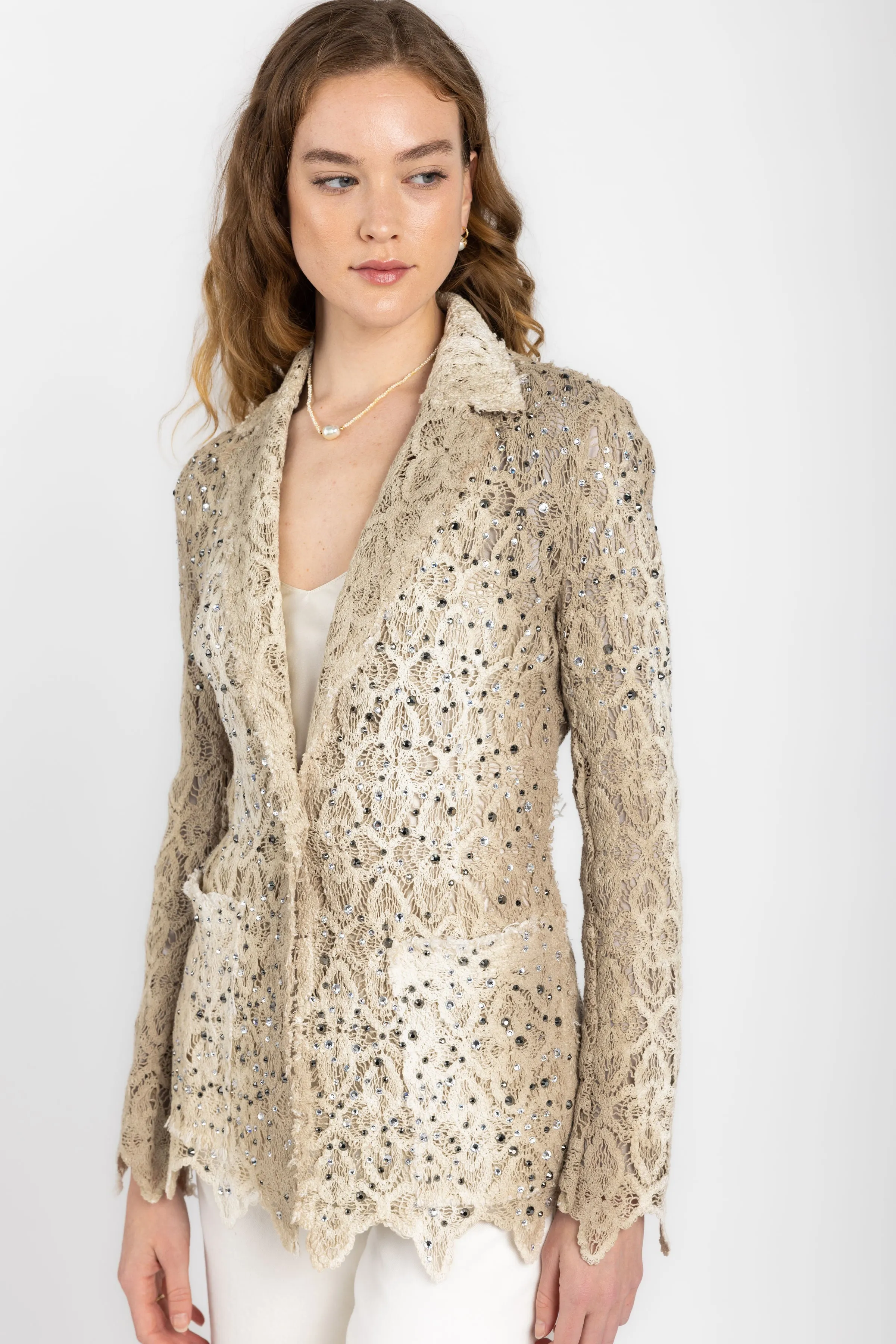 Macramé Lace Blazer Jacket with Strass in Zenzero