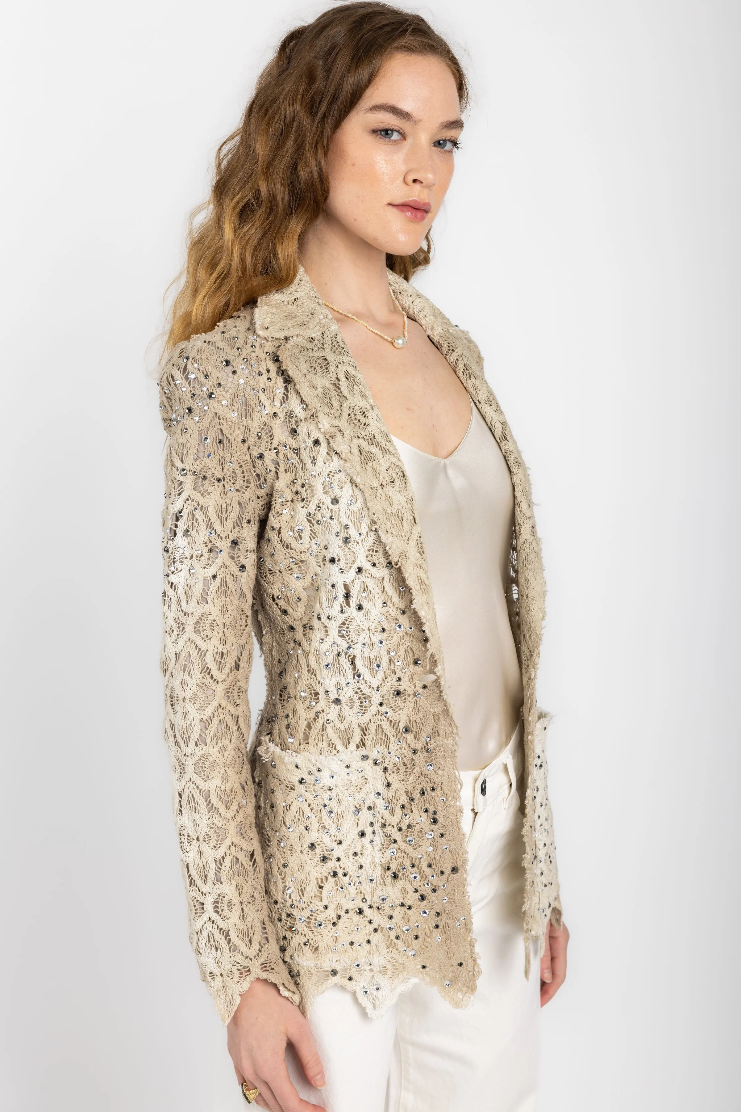 Macramé Lace Blazer Jacket with Strass in Zenzero