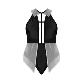 Magic Silk Dress Up Cheeky Snap Crotch Teddy with Fly Away Skirt Costume White/Black