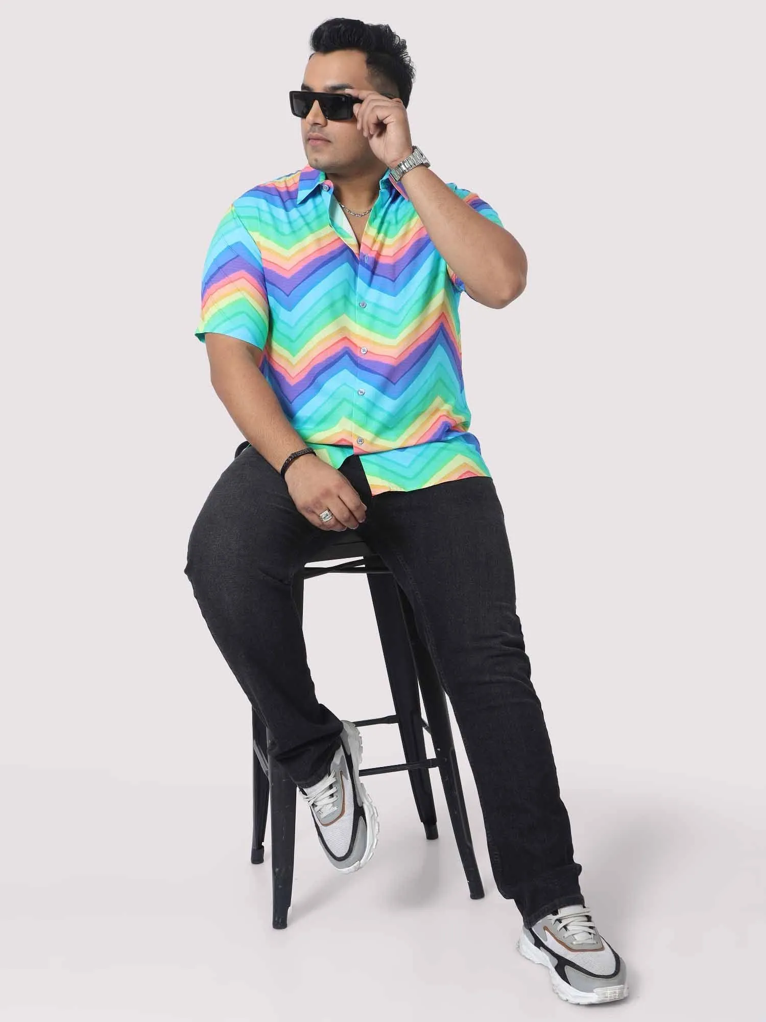 Men Plus Size Rainbow Pattern Digital Printed Half Shirt