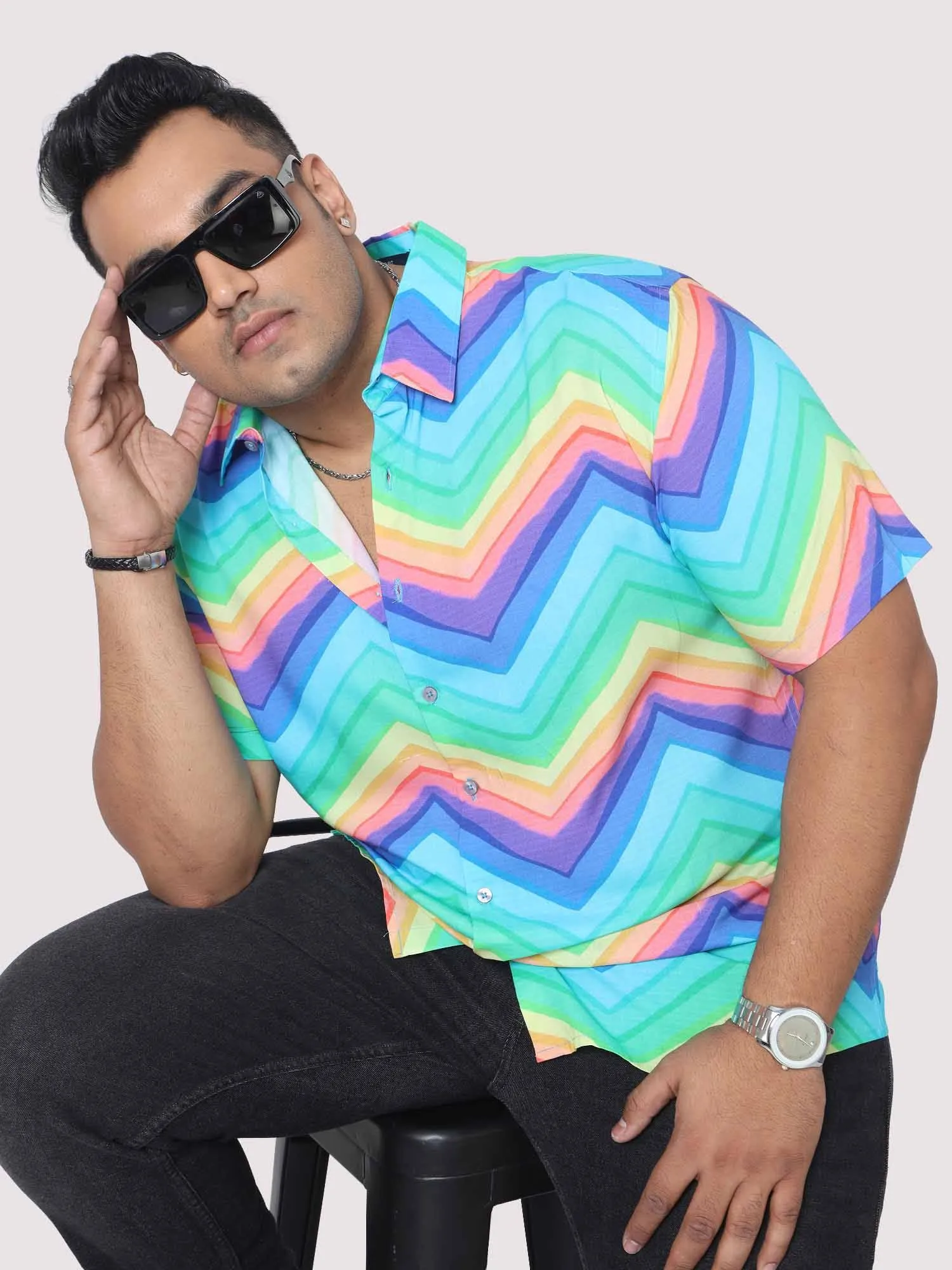 Men Plus Size Rainbow Pattern Digital Printed Half Shirt