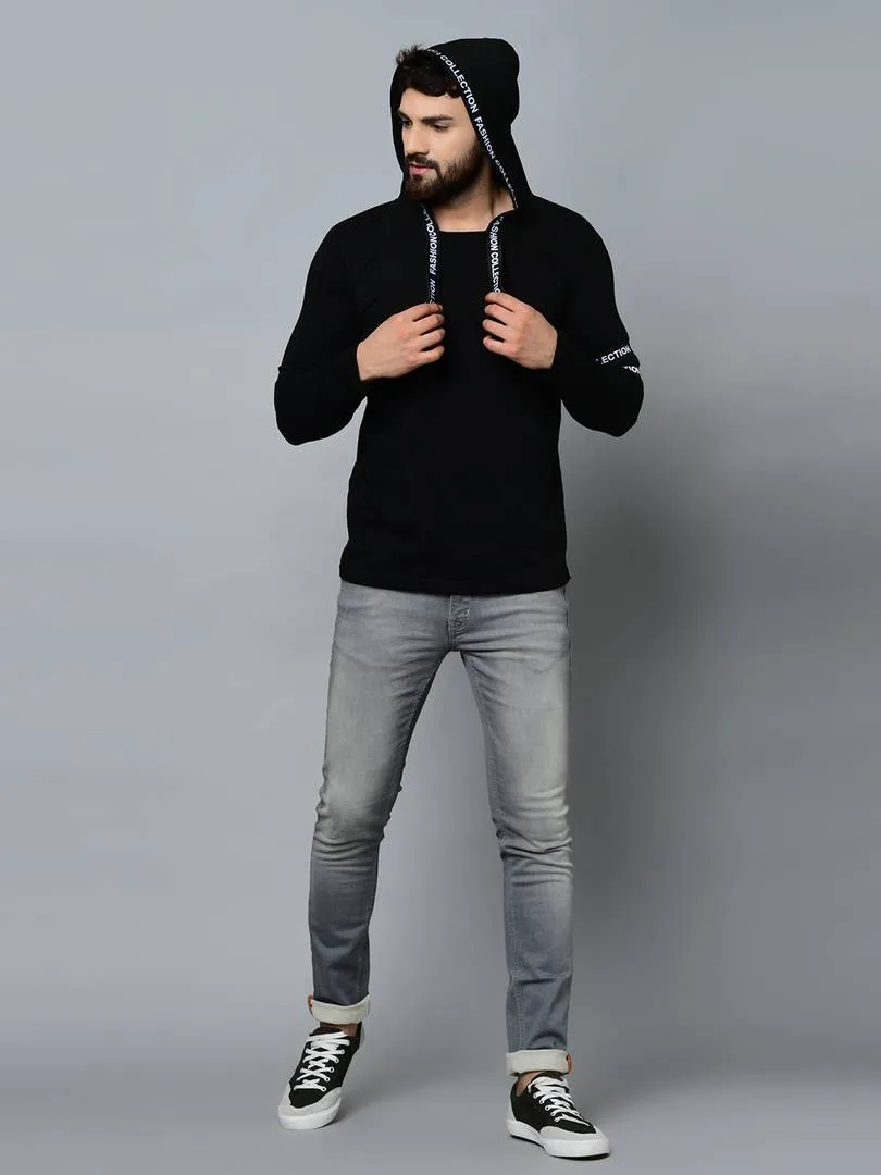 Men's Black Cotton Blend Self Pattern Hooded Tees