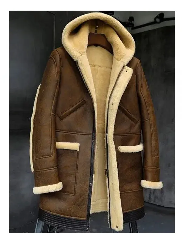 Mens Hooded Sheepskin Shearling Leather Jacket