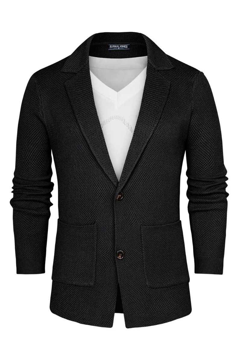 Mens Notch Collar Cardigan Sweaters Knit Textured Sweater Button Down Blazer with Pockets