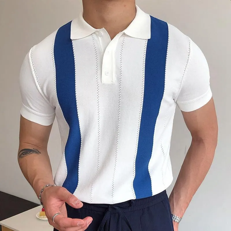 Men's Summer Short-Sleeved Sweater White Striped Slim Polo Shirt