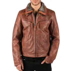 Mens Washed Rust Tan Brown Removable Fur Collar Leather Jacket Slim Fit Zipped