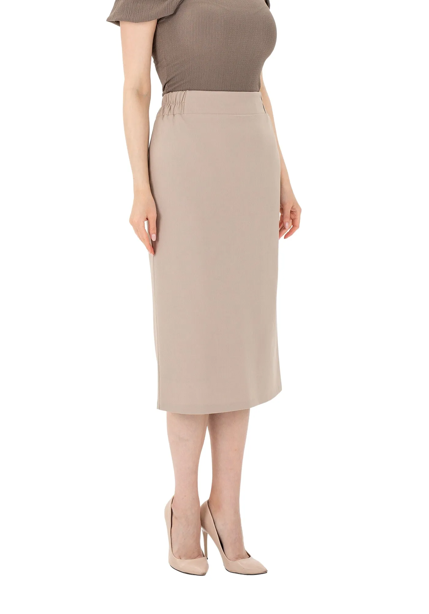 Midi Pencil Skirt with Elastic Waist and Closed Back Vent