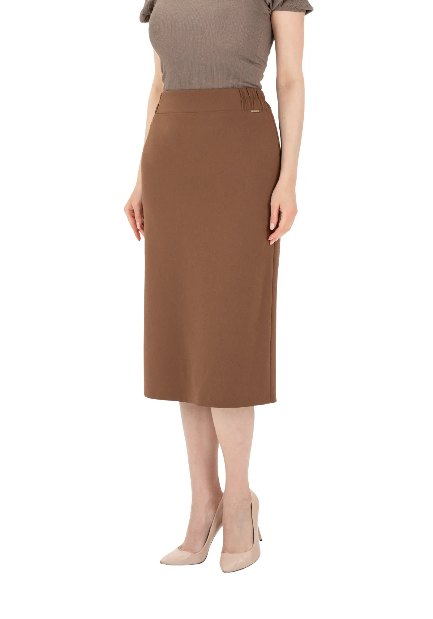 Midi Pencil Skirt with Elastic Waist and Closed Back Vent