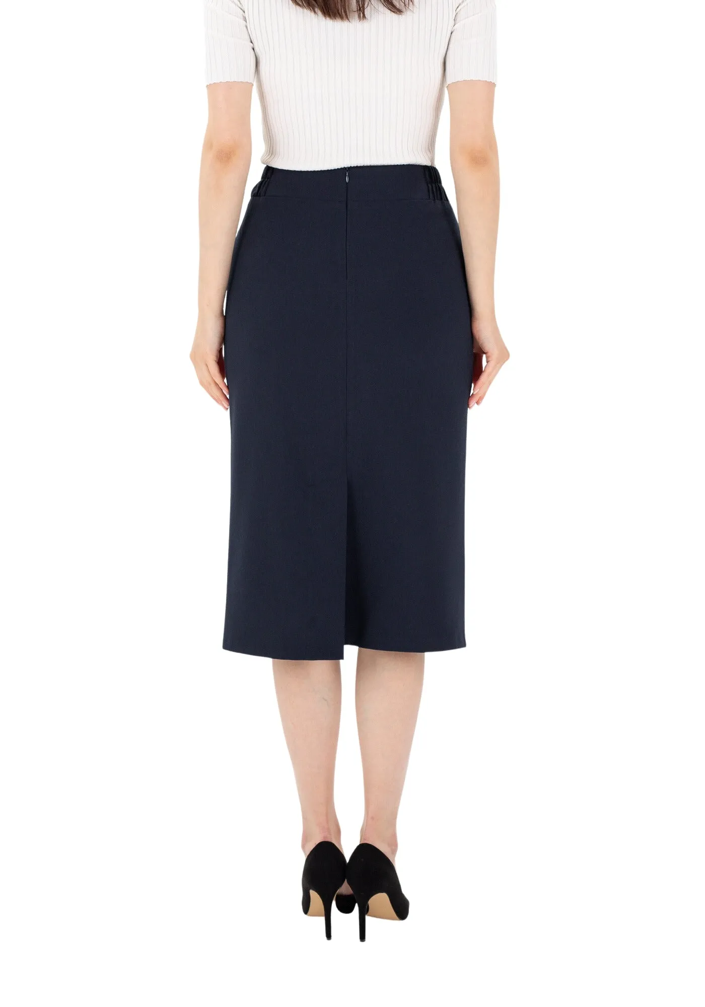 Midi Pencil Skirt with Elastic Waist and Closed Back Vent