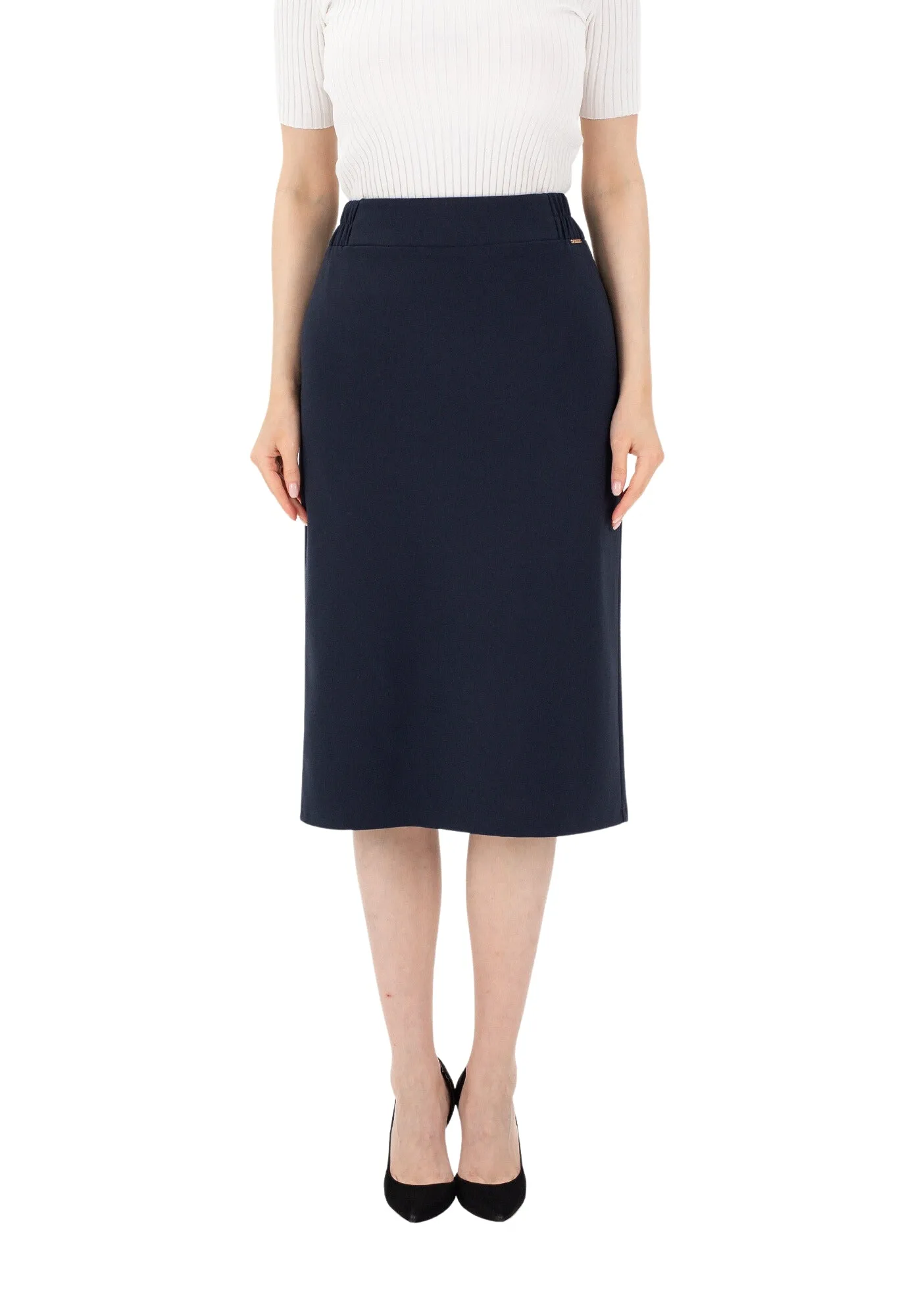 Midi Pencil Skirt with Elastic Waist and Closed Back Vent