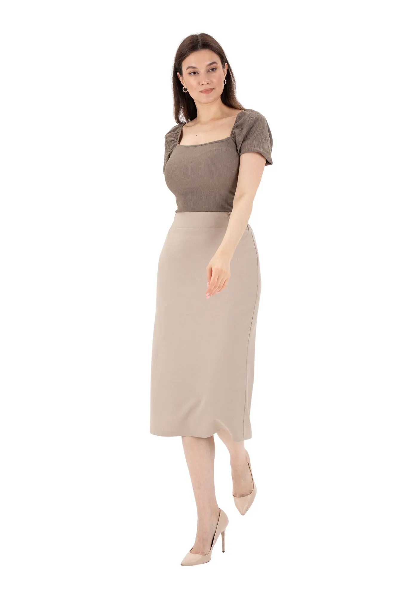 Midi Pencil Skirt with Elastic Waist and Closed Back Vent