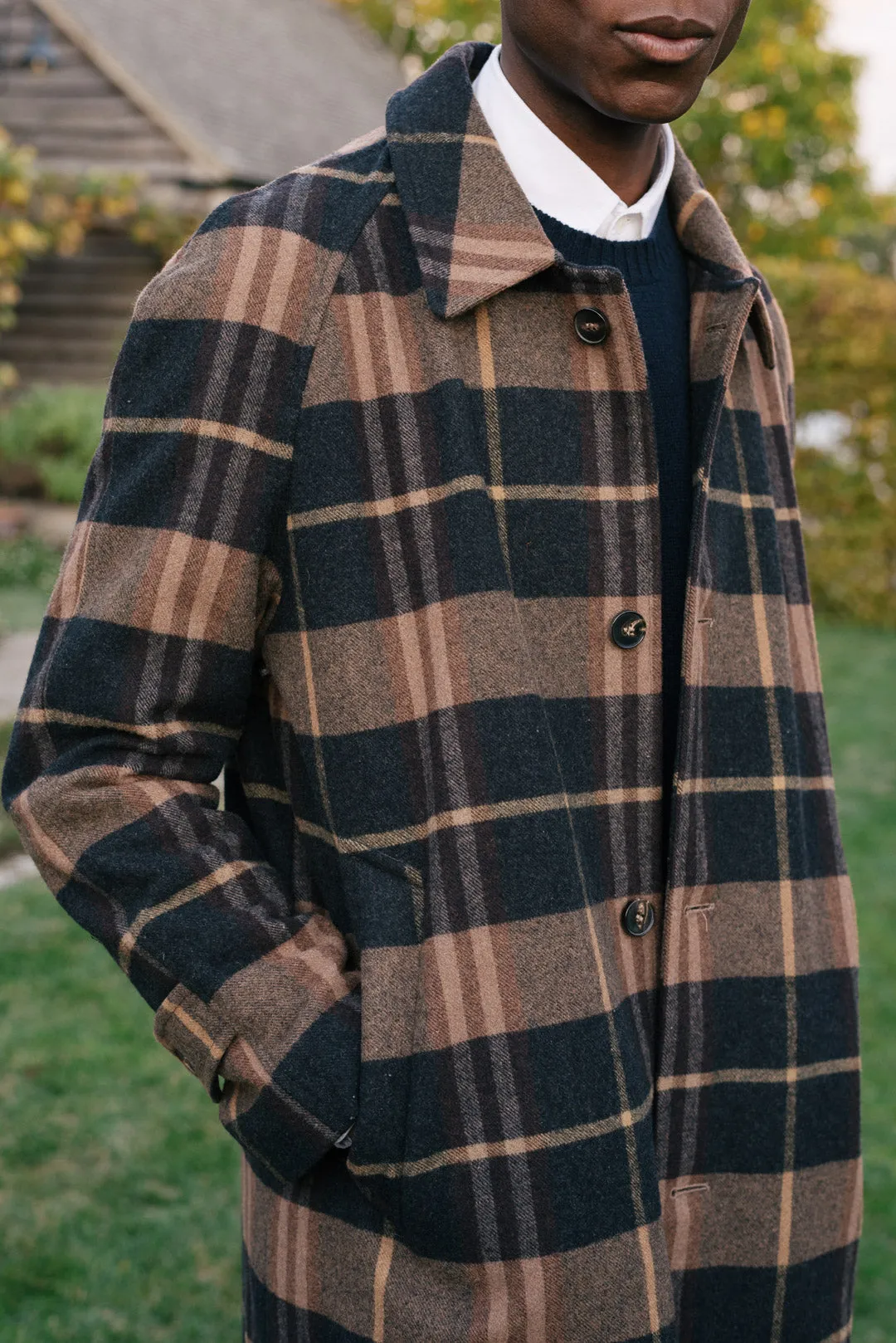 Navy & Beige Checked Wool Raglan Overcoat