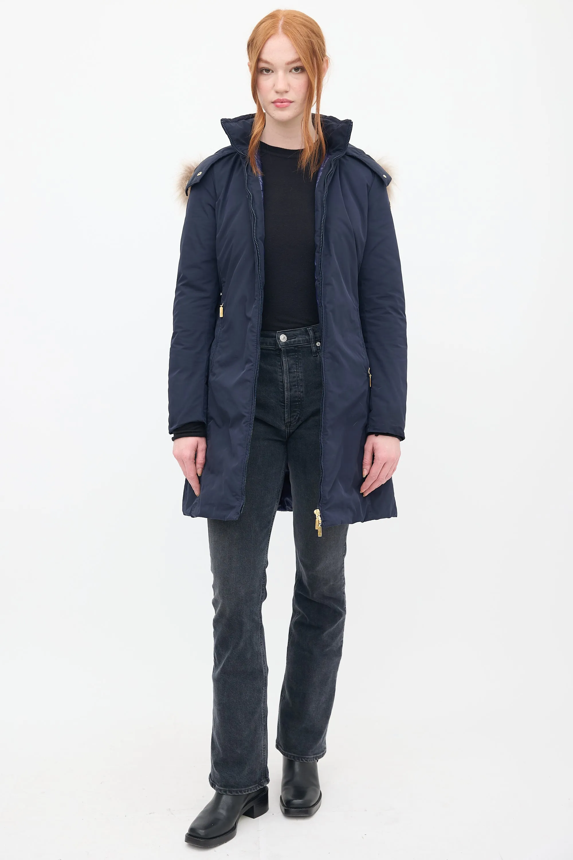 Navy Down & Fur Trim Belted Coat