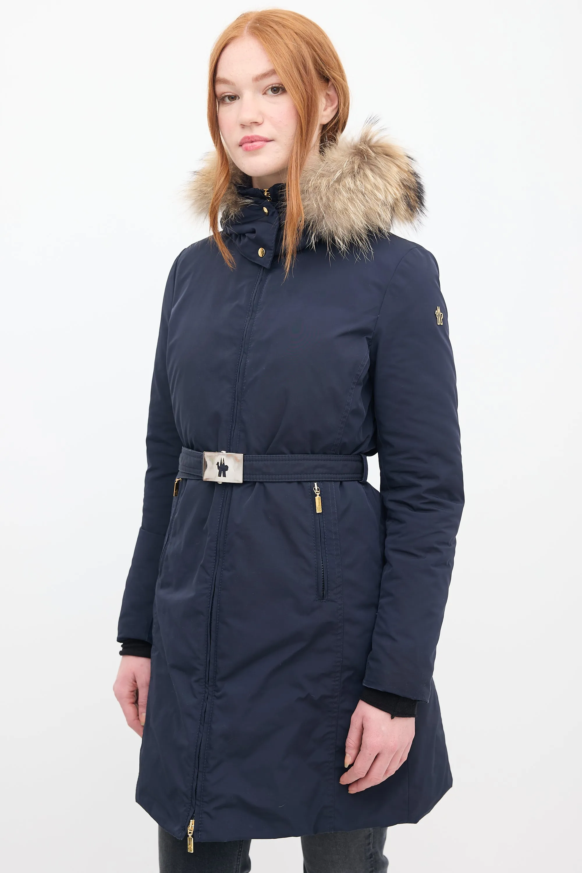 Navy Down & Fur Trim Belted Coat