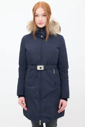 Navy Down & Fur Trim Belted Coat