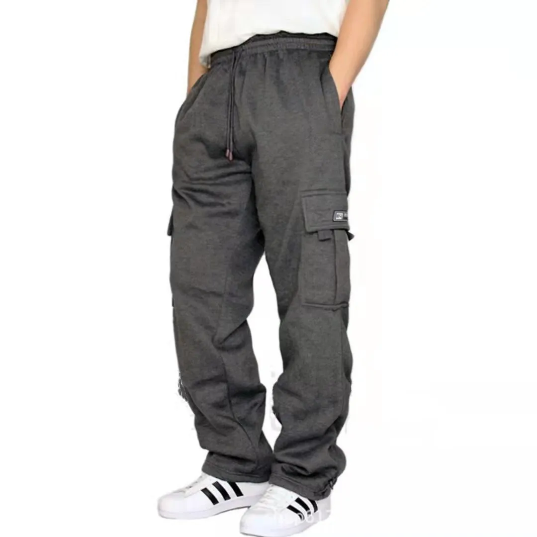 New Style Sports Casual Trousers Plush Binding Feet Multi Pocket Lanyard Men's Loose Overalls Pants