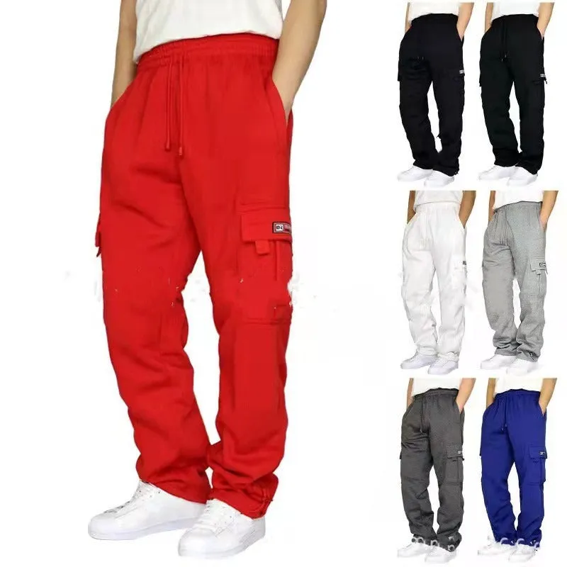 New Style Sports Casual Trousers Plush Binding Feet Multi Pocket Lanyard Men's Loose Overalls Pants