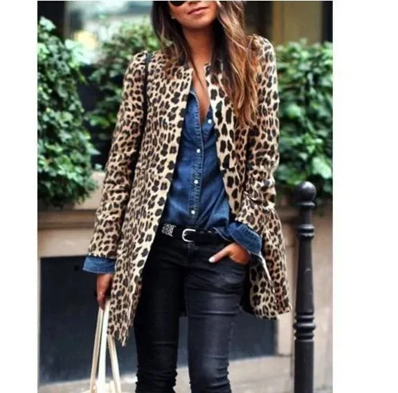 New Women's Leopard Print Sexy Wild Casual Long Trench Coat 005358709