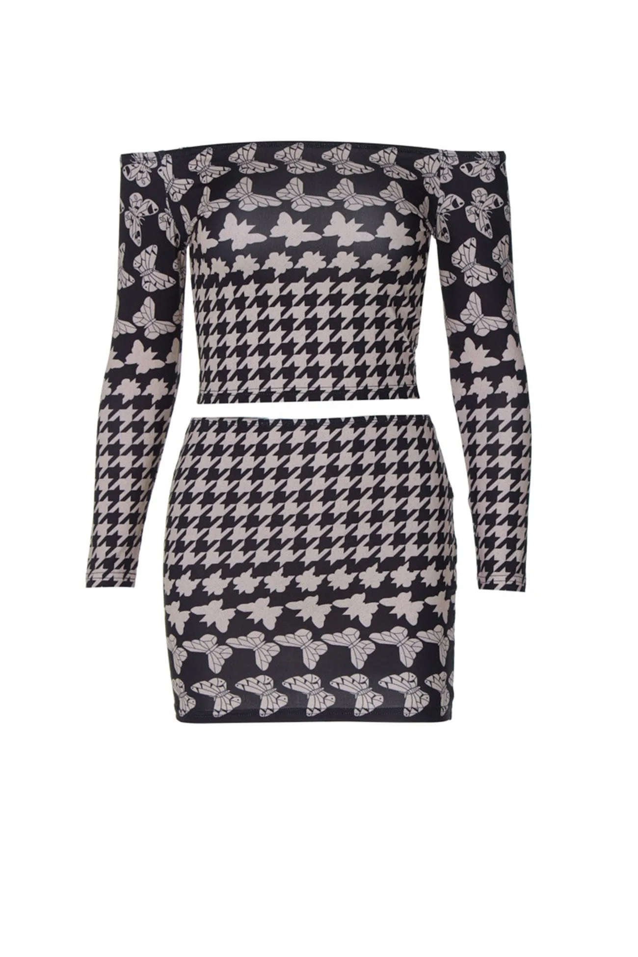 Off-Shoulder Houndstooth Butterfly Print Skirt Suits