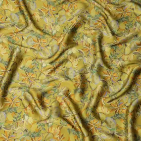 Olive Green Synthetic Modal Satin Fabric with Tropical Floral Print, 110 cm Width-D20953