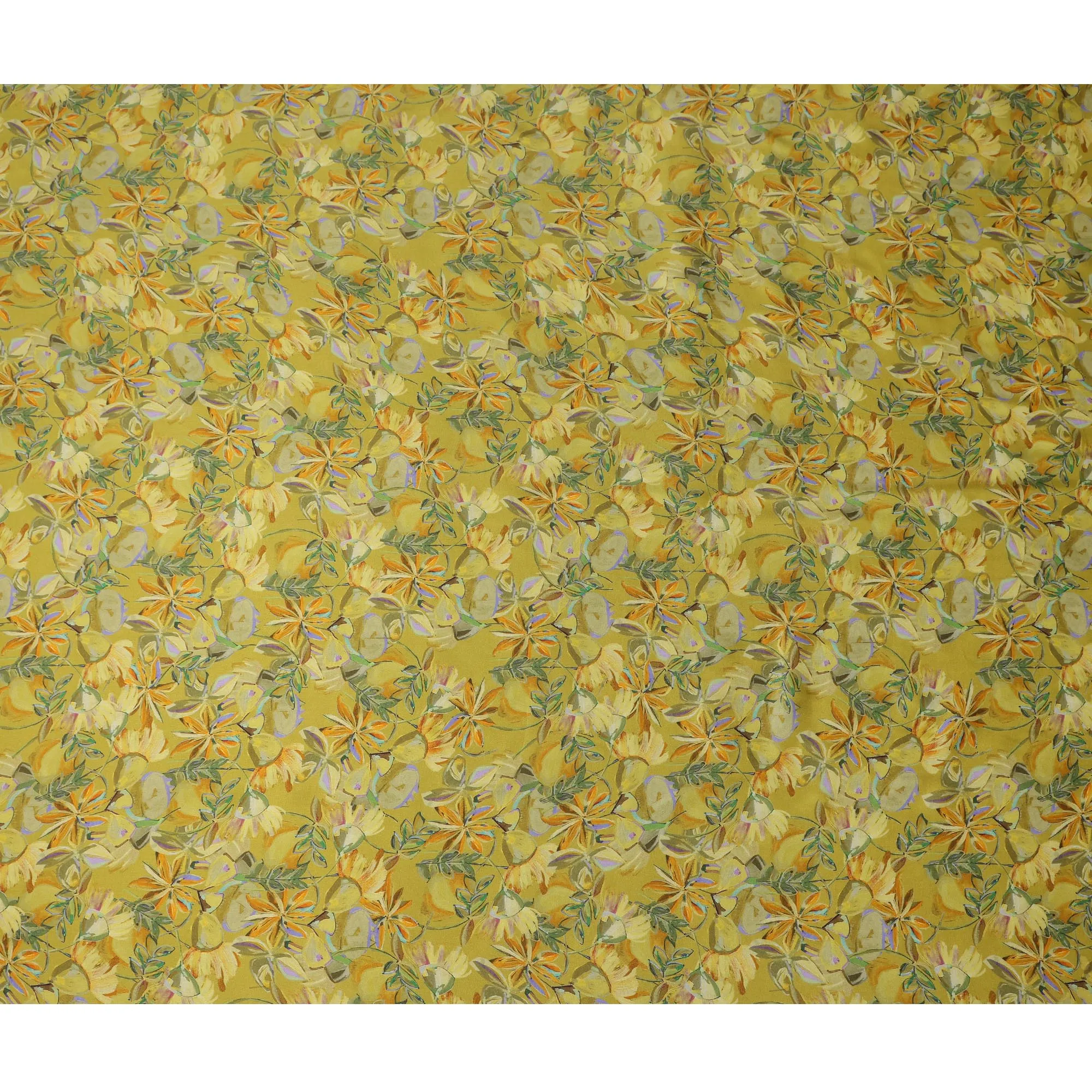 Olive Green Synthetic Modal Satin Fabric with Tropical Floral Print, 110 cm Width-D20953