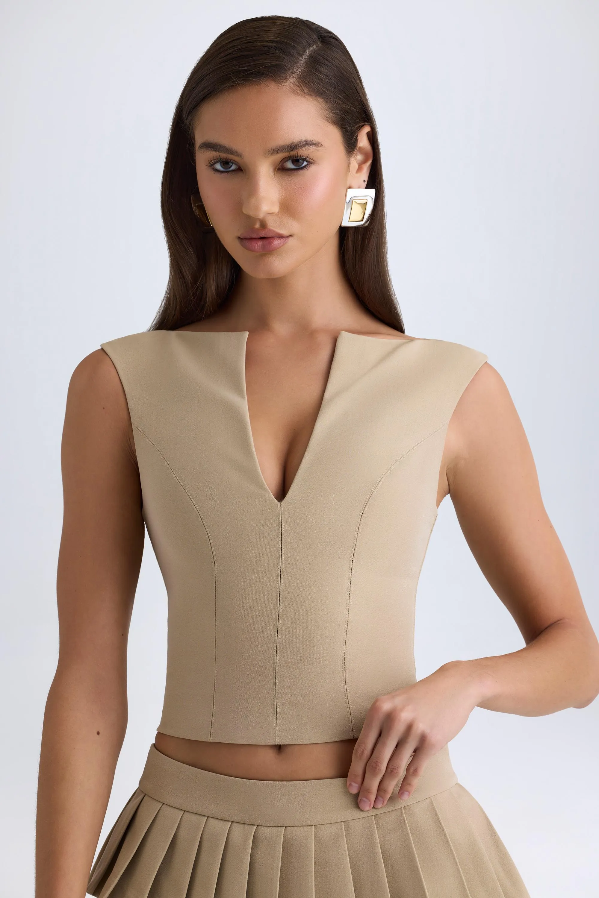 Open-Front Crop Top in Camel