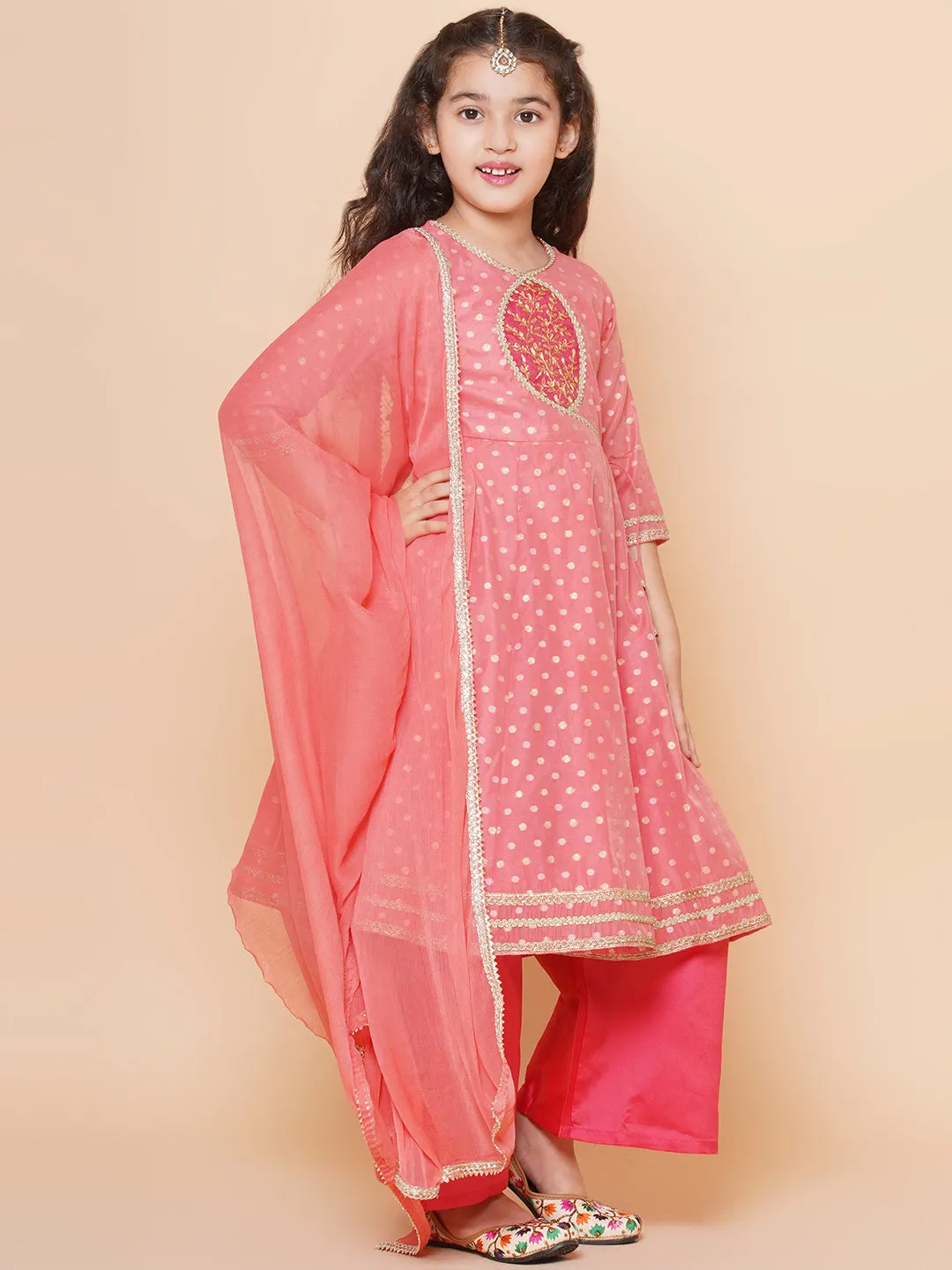 Peach Modal Jacquard Booti Anarkali Kurta Set For Women & Anarkali Kurta Set for Girl