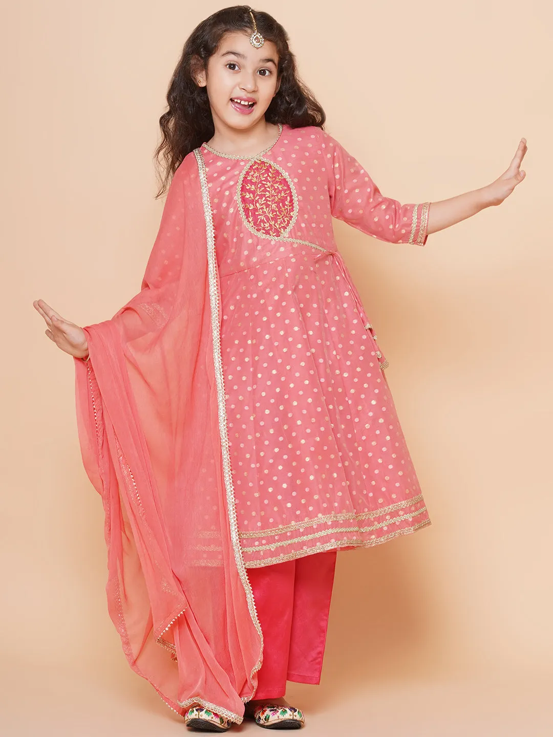 Peach Modal Jacquard Booti Anarkali Kurta Set For Women & Anarkali Kurta Set for Girl