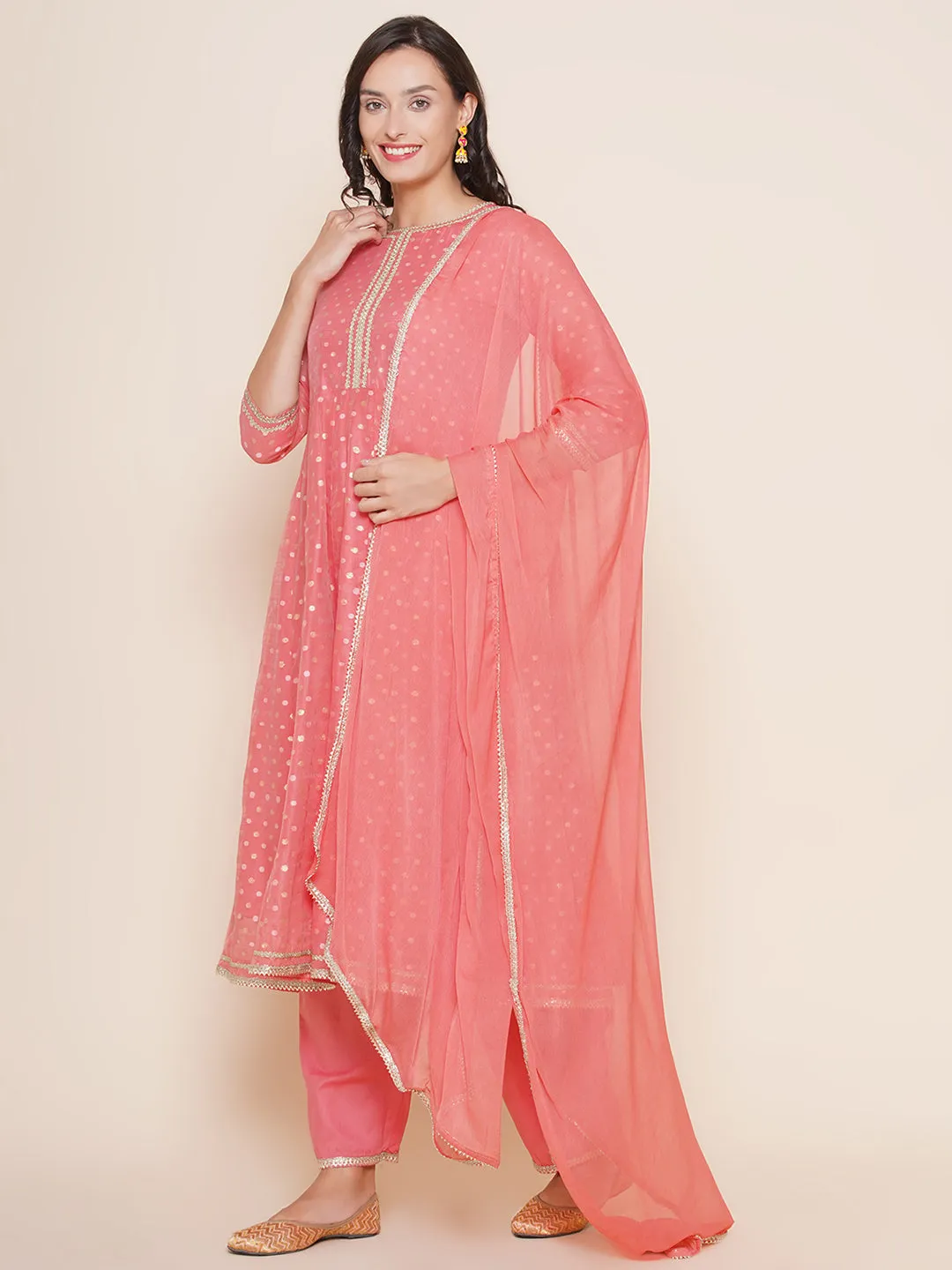 Peach Modal Jacquard Booti Anarkali Kurta Set For Women & Anarkali Kurta Set for Girl