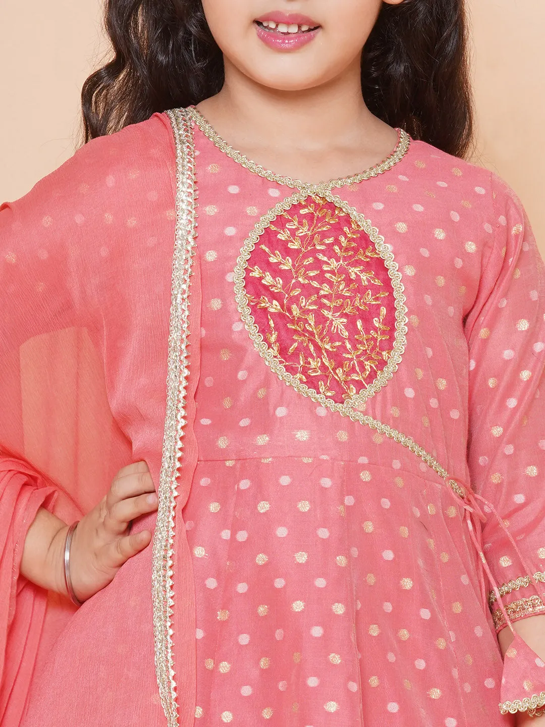 Peach Modal Jacquard Booti Anarkali Kurta Set For Women & Anarkali Kurta Set for Girl