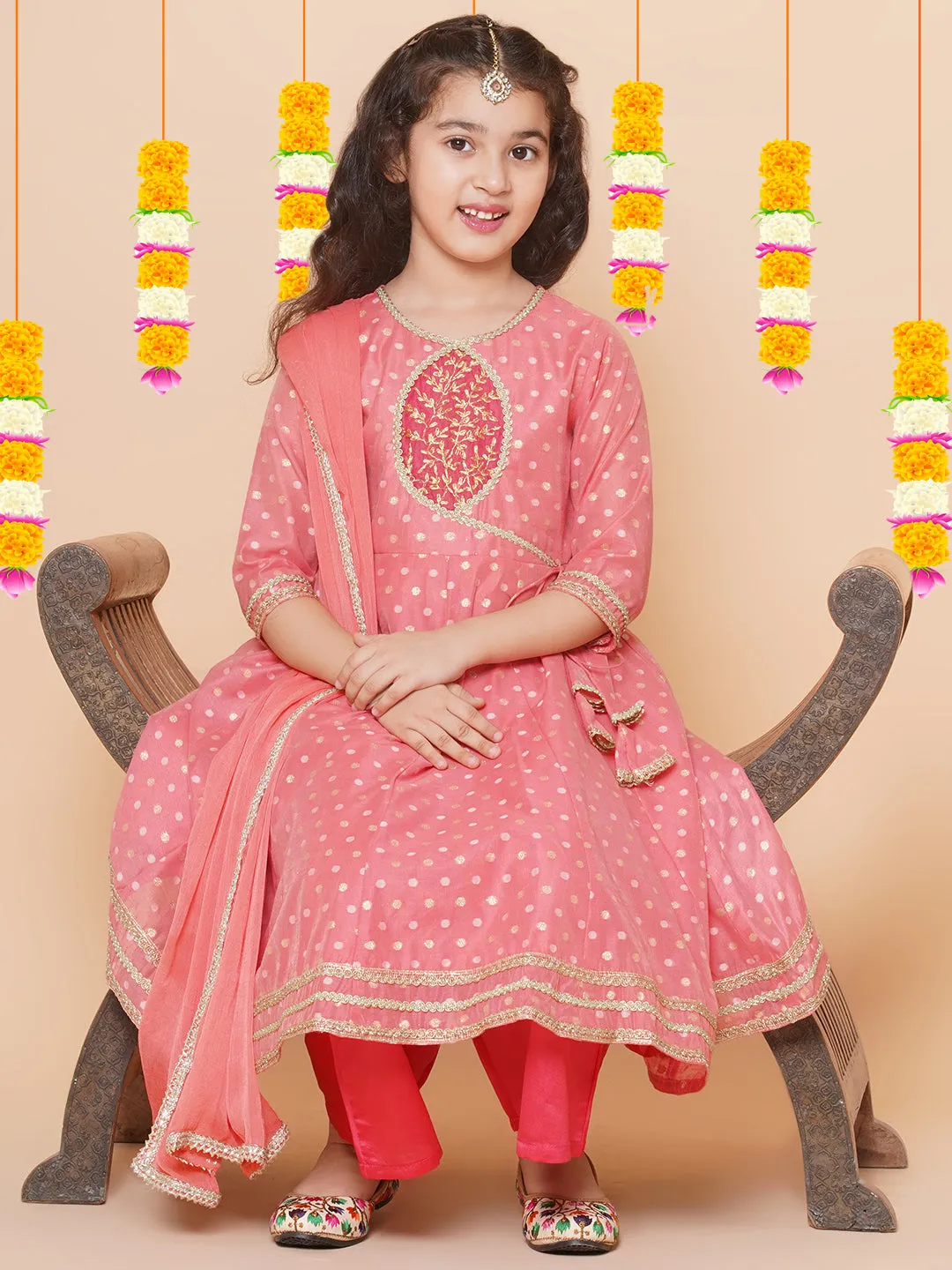 Peach Modal Jacquard Booti Anarkali Kurta Set For Women & Anarkali Kurta Set for Girl