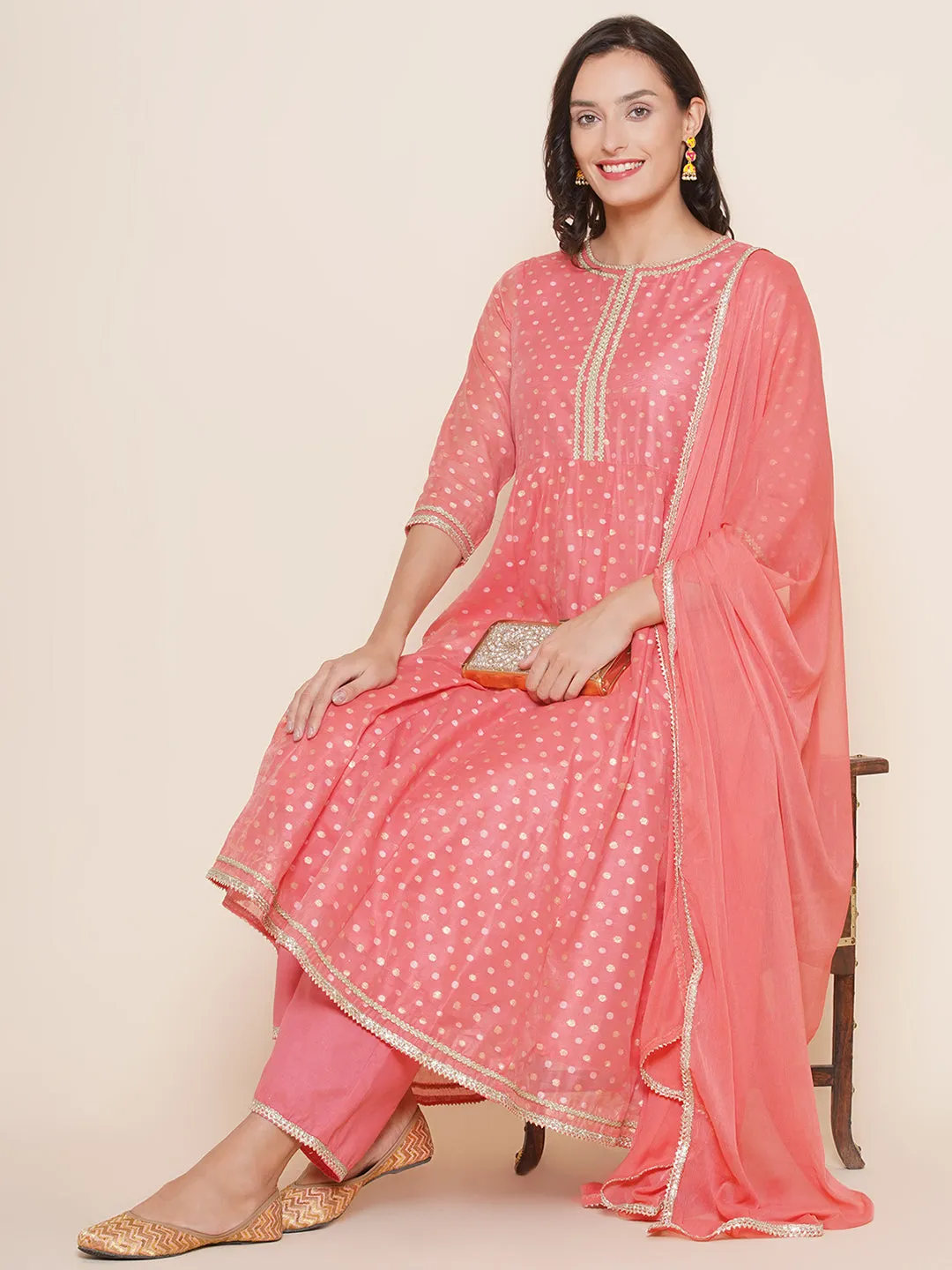 Peach Modal Jacquard Booti Anarkali Kurta Set For Women & Anarkali Kurta Set for Girl