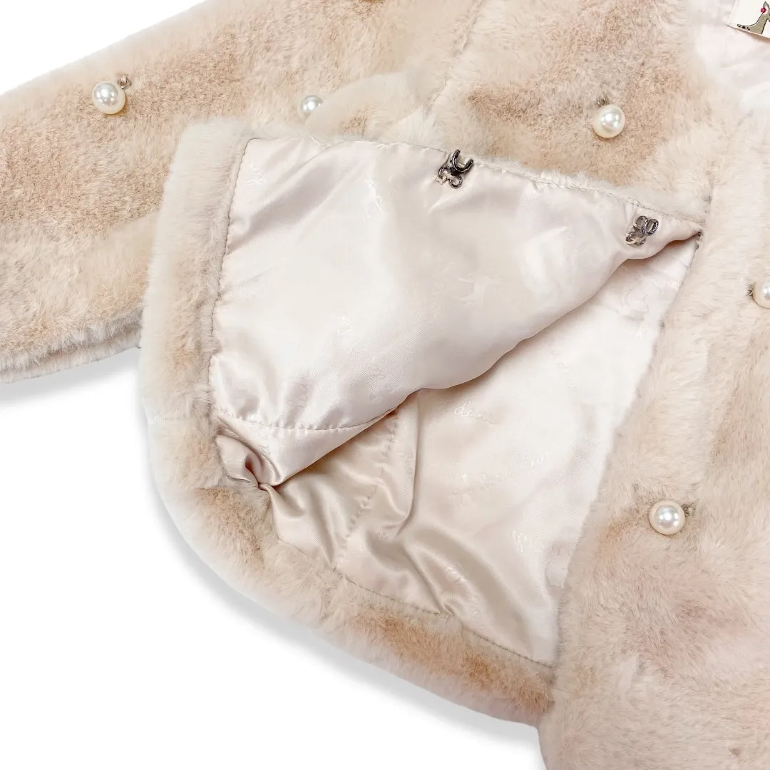 Pearl Stud Beige Fur Coat